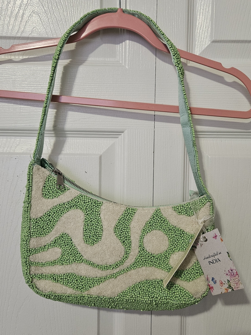 Beaded Green and Cream Shoulder Bag